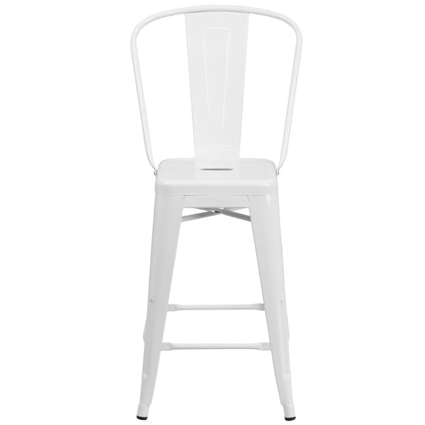 English Elm Kai Commercial Grade 24" High Metal Counter Height Stool for Indoor-Outdoor Use with Removable Back White CH-31320-24GB-WH-GG