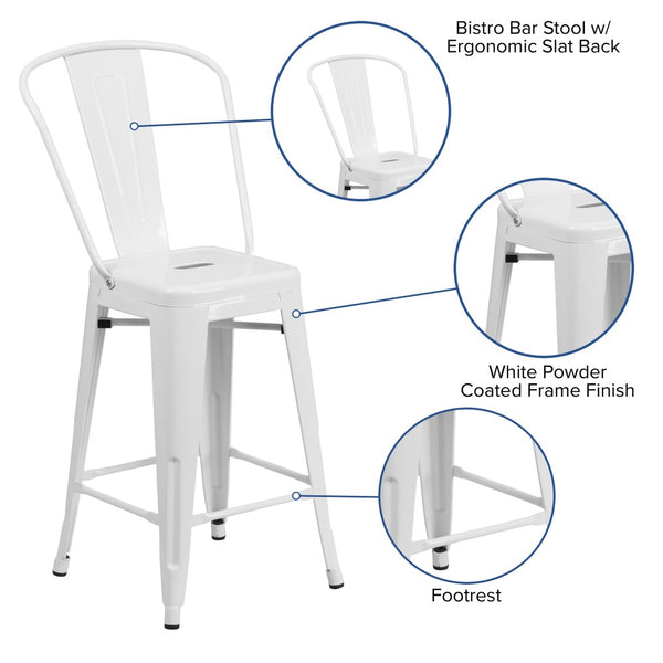 English Elm Kai Commercial Grade 24" High Metal Counter Height Stool for Indoor-Outdoor Use with Removable Back White CH-31320-24GB-WH-GG