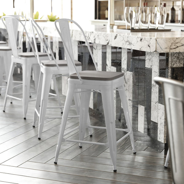 English Elm Kai Commercial Grade 24" High Metal Counter Stool with Removable Backrest for Versatile Seating Options Gray Seat/White Frame CH-31320-24GB-WH-PL2G-GG