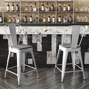 English Elm Kai Commercial Grade 24" High Metal Counter Stool with Removable Backrest for Versatile Seating Options Gray Seat/White Frame CH-31320-24GB-WH-PL2G-GG