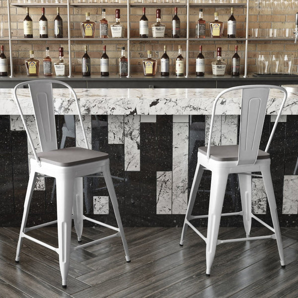 English Elm Kai Commercial Grade 24" High Metal Counter Stool with Removable Backrest for Versatile Seating Options Gray Seat/White Frame CH-31320-24GB-WH-PL2G-GG