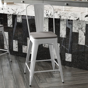 English Elm Kai Commercial Grade 24" High Metal Counter Stool with Removable Backrest for Versatile Seating Options Gray Seat/White Frame CH-31320-24GB-WH-PL2G-GG
