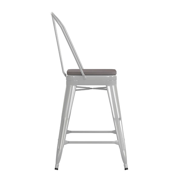 English Elm Kai Commercial Grade 24" High Metal Counter Stool with Removable Backrest for Versatile Seating Options Gray Seat/White Frame CH-31320-24GB-WH-PL2G-GG