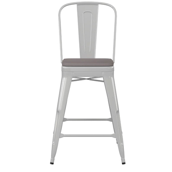 English Elm Kai Commercial Grade 24" High Metal Counter Stool with Removable Backrest for Versatile Seating Options Gray Seat/White Frame CH-31320-24GB-WH-PL2G-GG