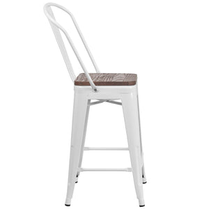 English Elm Lily 24" High Metal Counter Stool with Back and Textured Wood Seat for Modern Bistro Charm White CH-31320-24GB-WH-WD-GG