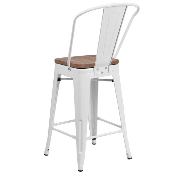 English Elm Lily 24" High Metal Counter Stool with Back and Textured Wood Seat for Modern Bistro Charm White CH-31320-24GB-WH-WD-GG
