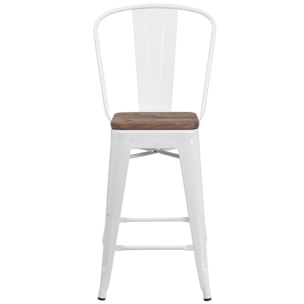 English Elm Lily 24" High Metal Counter Stool with Back and Textured Wood Seat for Modern Bistro Charm White CH-31320-24GB-WH-WD-GG