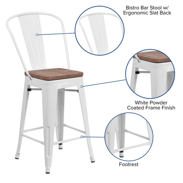 English Elm Lily 24" High Metal Counter Stool with Back and Textured Wood Seat for Modern Bistro Charm White CH-31320-24GB-WH-WD-GG