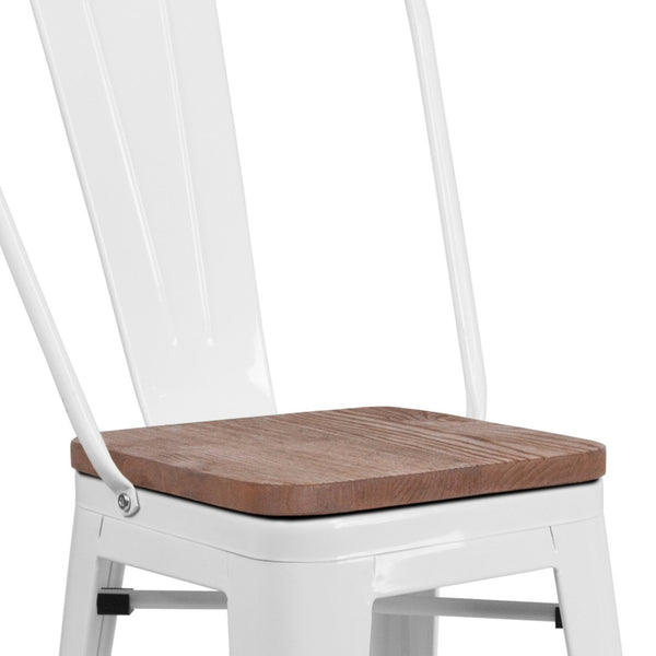 English Elm Lily 24" High Metal Counter Stool with Back and Textured Wood Seat for Modern Bistro Charm White CH-31320-24GB-WH-WD-GG