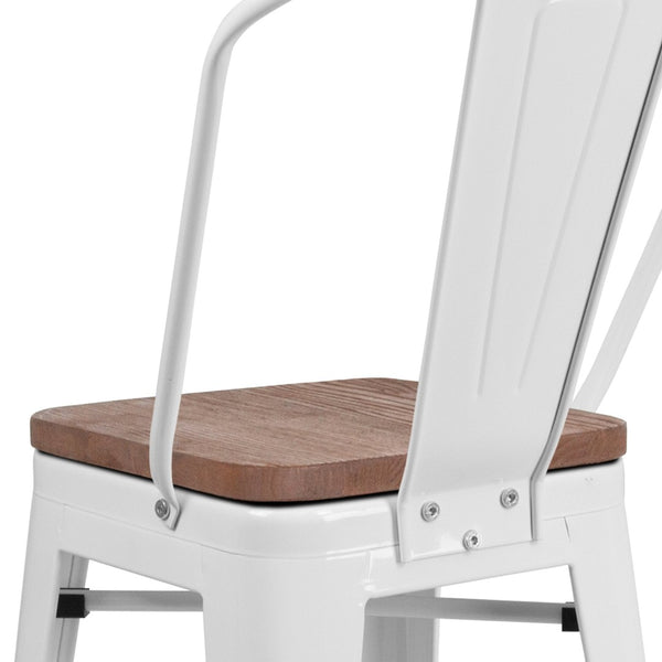 English Elm Lily 24" High Metal Counter Stool with Back and Textured Wood Seat for Modern Bistro Charm White CH-31320-24GB-WH-WD-GG