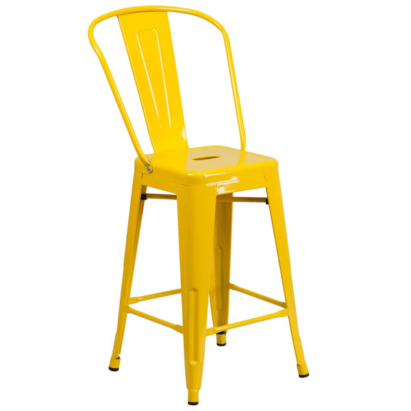 English Elm Kai Commercial Grade 24" High Metal Counter Height Stool for Indoor-Outdoor Use with Removable Back Yellow CH-31320-24GB-YL-GG