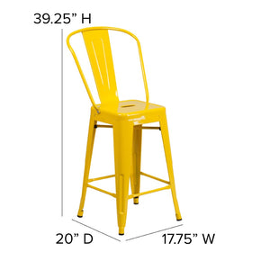 English Elm Kai Commercial Grade 24" High Metal Counter Height Stool for Indoor-Outdoor Use with Removable Back Yellow CH-31320-24GB-YL-GG