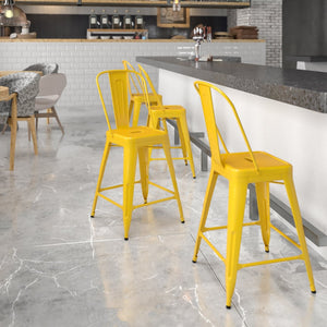 English Elm Kai Commercial Grade 24" High Metal Counter Height Stool for Indoor-Outdoor Use with Removable Back Yellow CH-31320-24GB-YL-GG