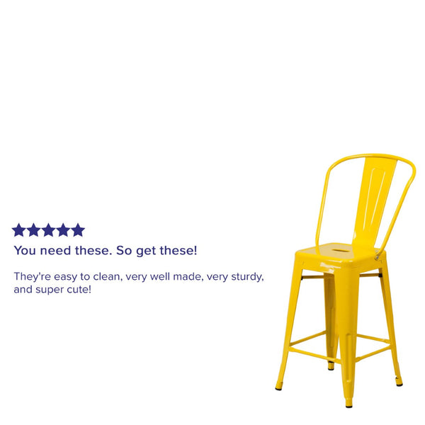 English Elm Kai Commercial Grade 24" High Metal Counter Height Stool for Indoor-Outdoor Use with Removable Back Yellow CH-31320-24GB-YL-GG
