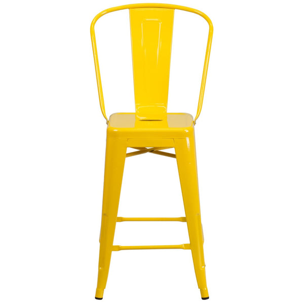 English Elm Kai Commercial Grade 24" High Metal Counter Height Stool for Indoor-Outdoor Use with Removable Back Yellow CH-31320-24GB-YL-GG