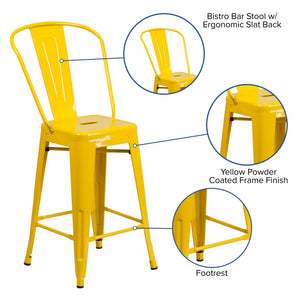 English Elm Kai Commercial Grade 24" High Metal Counter Height Stool for Indoor-Outdoor Use with Removable Back Yellow CH-31320-24GB-YL-GG