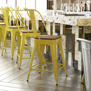 English Elm Kai Commercial Grade 24" High Metal Counter Stool with Removable Backrest for Versatile Seating Options Teak Seat/Yellow Frame CH-31320-24GB-YL-PL2T-GG