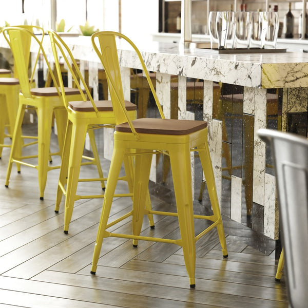 English Elm Kai Commercial Grade 24" High Metal Counter Stool with Removable Backrest for Versatile Seating Options Teak Seat/Yellow Frame CH-31320-24GB-YL-PL2T-GG