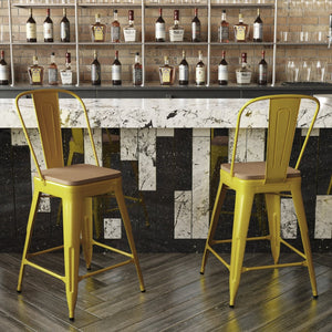 English Elm Kai Commercial Grade 24" High Metal Counter Stool with Removable Backrest for Versatile Seating Options Teak Seat/Yellow Frame CH-31320-24GB-YL-PL2T-GG