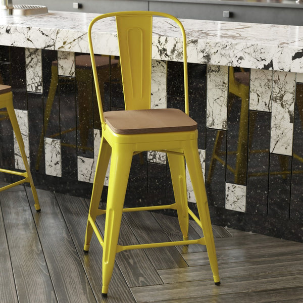 English Elm Kai Commercial Grade 24" High Metal Counter Stool with Removable Backrest for Versatile Seating Options Teak Seat/Yellow Frame CH-31320-24GB-YL-PL2T-GG