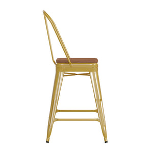 English Elm Kai Commercial Grade 24" High Metal Counter Stool with Removable Backrest for Versatile Seating Options Teak Seat/Yellow Frame CH-31320-24GB-YL-PL2T-GG