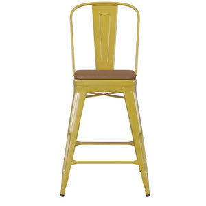 English Elm Kai Commercial Grade 24" High Metal Counter Stool with Removable Backrest for Versatile Seating Options Teak Seat/Yellow Frame CH-31320-24GB-YL-PL2T-GG