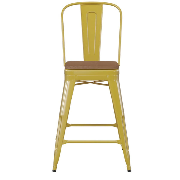 English Elm Kai Commercial Grade 24" High Metal Counter Stool with Removable Backrest for Versatile Seating Options Teak Seat/Yellow Frame CH-31320-24GB-YL-PL2T-GG