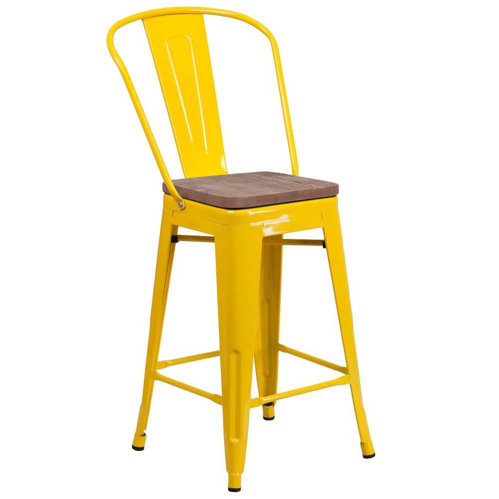 English Elm Lily 24" High Metal Counter Stool with Back and Textured Wood Seat for Modern Bistro Charm Yellow CH-31320-24GB-YL-WD-GG