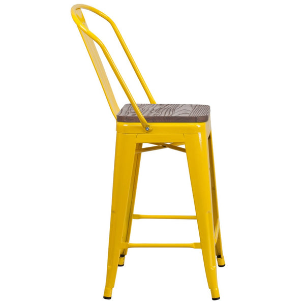 English Elm Lily 24" High Metal Counter Stool with Back and Textured Wood Seat for Modern Bistro Charm Yellow CH-31320-24GB-YL-WD-GG