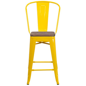 English Elm Lily 24" High Metal Counter Stool with Back and Textured Wood Seat for Modern Bistro Charm Yellow CH-31320-24GB-YL-WD-GG