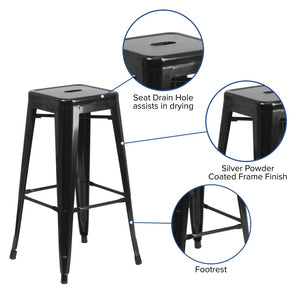 English Elm Kai Commercial Grade 30-Inch Backless Metal Barstool for Indoor and Outdoor Use, Stackable Design Black CH-31320-30-BK-GG