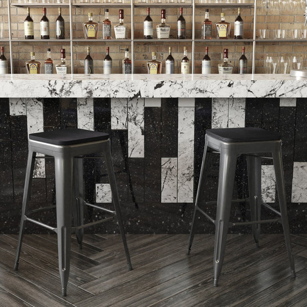 English Elm Kai Commercial-Grade 30" Backless Metal Barstool for Indoor-Outdoor Use, Durable & Lightweight Design Black Seat/Black Frame CH-31320-30-BK-PL2B-GG