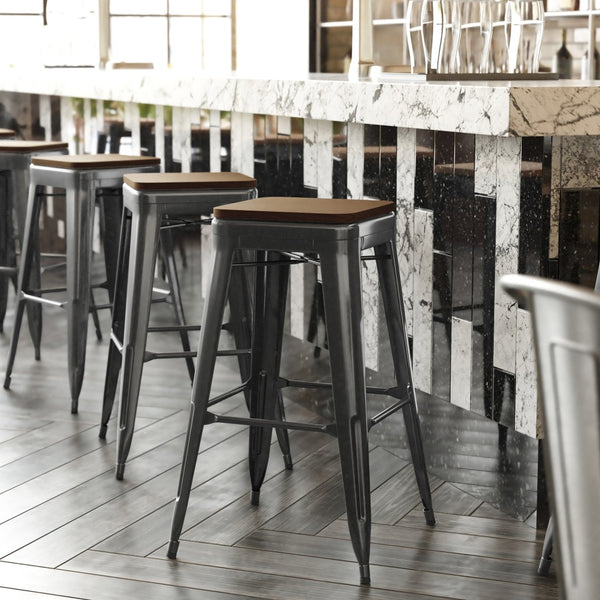 English Elm Kai Commercial-Grade 30" Backless Metal Barstool for Indoor-Outdoor Use, Durable & Lightweight Design Teak Seat/Black Frame CH-31320-30-BK-PL2T-GG