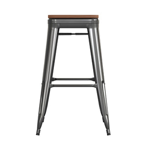 English Elm Kai Commercial-Grade 30" Backless Metal Barstool for Indoor-Outdoor Use, Durable & Lightweight Design Teak Seat/Black Frame CH-31320-30-BK-PL2T-GG