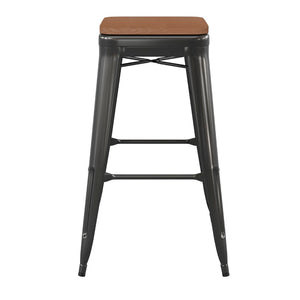 English Elm Kai Commercial-Grade 30" Backless Metal Barstool for Indoor-Outdoor Use, Durable & Lightweight Design Teak Seat/Black Frame CH-31320-30-BK-PL2T-GG