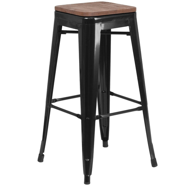 English Elm Lily 30" High Backless Metal Barstool with Square Wood Seat - Durable, Stackable & Stylish Design Black CH-31320-30-BK-WD-GG