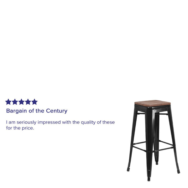 English Elm Lily 30" High Backless Metal Barstool with Square Wood Seat - Durable, Stackable & Stylish Design Black CH-31320-30-BK-WD-GG