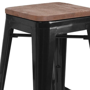 English Elm Lily 30" High Backless Metal Barstool with Square Wood Seat - Durable, Stackable & Stylish Design Black CH-31320-30-BK-WD-GG