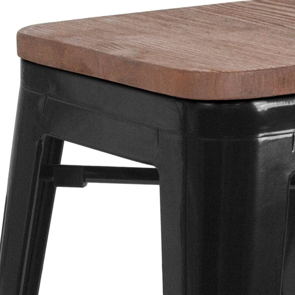 English Elm Lily 30" High Backless Metal Barstool with Square Wood Seat - Durable, Stackable & Stylish Design Black CH-31320-30-BK-WD-GG
