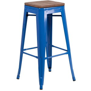 English Elm Lily 30" High Backless Metal Barstool with Square Wood Seat - Durable, Stackable & Stylish Design Blue CH-31320-30-BL-WD-GG