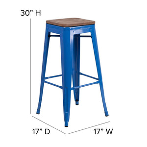 English Elm Lily 30" High Backless Metal Barstool with Square Wood Seat - Durable, Stackable & Stylish Design Blue CH-31320-30-BL-WD-GG