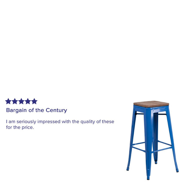 English Elm Lily 30" High Backless Metal Barstool with Square Wood Seat - Durable, Stackable & Stylish Design Blue CH-31320-30-BL-WD-GG