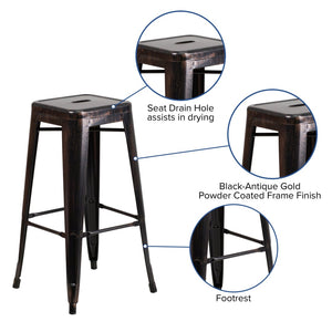 English Elm Kai Commercial Grade 30-Inch Backless Metal Barstool for Indoor and Outdoor Use, Stackable Design Black-Antique Gold CH-31320-30-BQ-GG