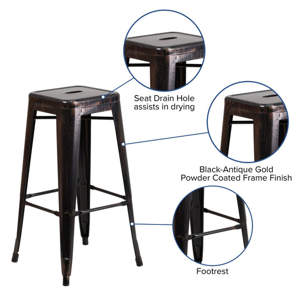 English Elm Kai Commercial Grade 30-Inch Backless Metal Barstool for Indoor and Outdoor Use, Stackable Design Black-Antique Gold CH-31320-30-BQ-GG