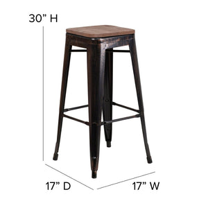 English Elm Lily 30" High Backless Metal Barstool with Square Wood Seat - Durable, Stackable & Stylish Design Black-Antique Gold CH-31320-30-BQ-WD-GG