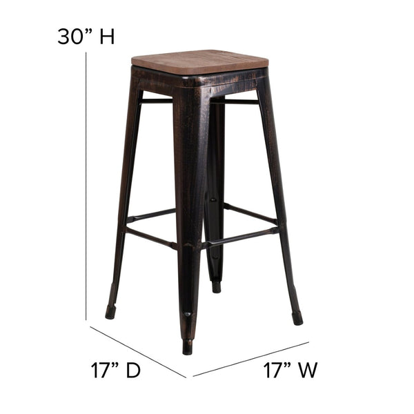English Elm Lily 30" High Backless Metal Barstool with Square Wood Seat - Durable, Stackable & Stylish Design Black-Antique Gold CH-31320-30-BQ-WD-GG