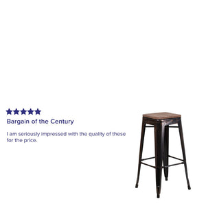 English Elm Lily 30" High Backless Metal Barstool with Square Wood Seat - Durable, Stackable & Stylish Design Black-Antique Gold CH-31320-30-BQ-WD-GG