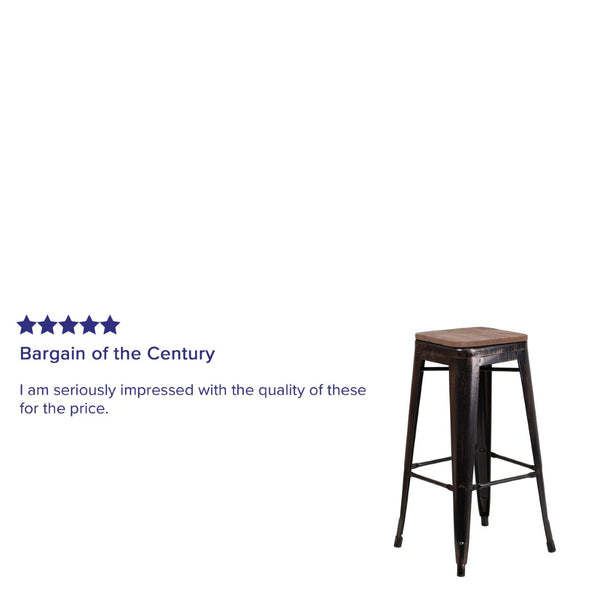 English Elm Lily 30" High Backless Metal Barstool with Square Wood Seat - Durable, Stackable & Stylish Design Black-Antique Gold CH-31320-30-BQ-WD-GG