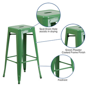 English Elm Kai Commercial Grade 30-Inch Backless Metal Barstool for Indoor and Outdoor Use, Stackable Design Green CH-31320-30-GN-GG