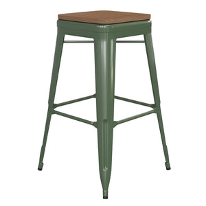 English Elm Kai Commercial-Grade 30" Backless Metal Barstool for Indoor-Outdoor Use, Durable & Lightweight Design Teak Seat/Green Frame CH-31320-30-GN-PL2T-GG